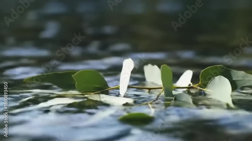 White flowers floating on stream.