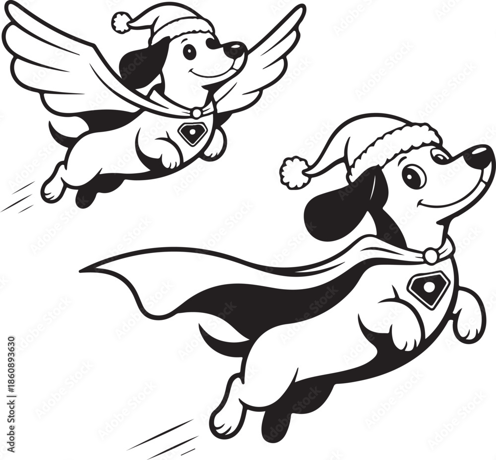 Obraz premium Dachshund Dog wear santa Claus Costumes Flying with a Cape. Christmas Holiday Clipart Line Art Vector Illustration Xmas. Wiener canine attire garb soar cloak.