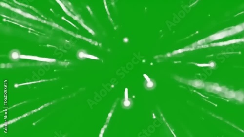 White lines burst on green background.