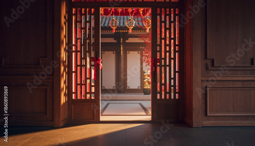 Lunar New Year Homecoming Concept. Open Gate to Asian Garden in Morning Light.