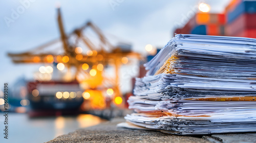 Large stack of logistics documents on desk with blurred cargo ship background