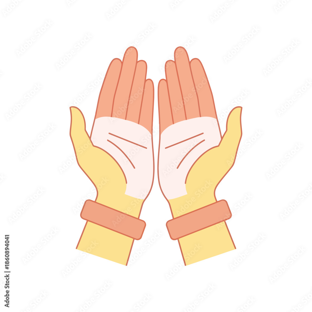 Fototapeta premium Hands with palms together in prayer gesture wearing orange cuffs