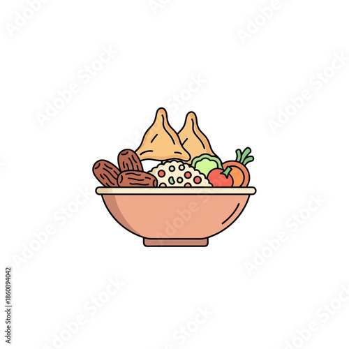 Vibrant bowl of nutritious food with samosas and fresh vegetables