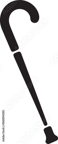 Elegant black silhouette of a classic walking cane with a curved handle and rubber tip