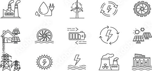 Renewable energy icon set featuring solar panels wind turbines hydrogen fuel nuclear power biomass hydro electricity and sustainable green technology infrastructure.