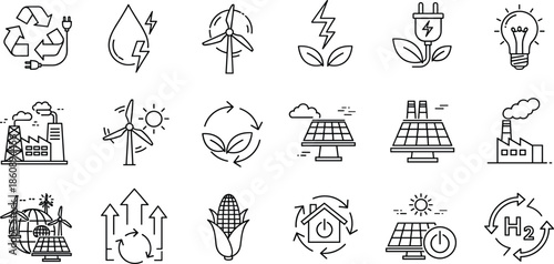 Renewable energy icons set featuring solar panels wind turbines hydrogen fuel cell biomass corn green technology sustainable power and eco industry.