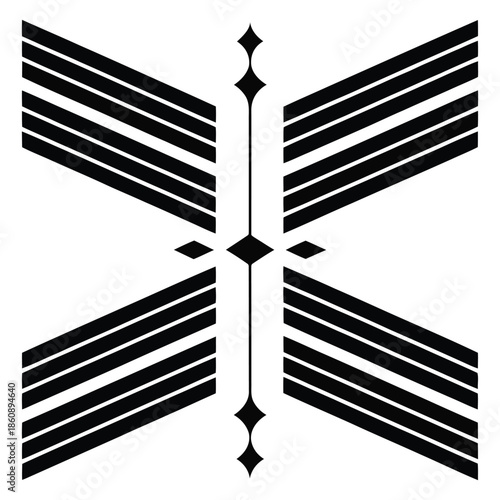 Abstract modern symmetrical design featuring vertical line with diamond accents and horizontal striped bars on either side, creating striking graphic image