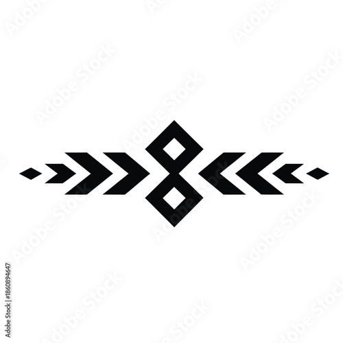 Abstract geometric element with black and white arrows and diamond shapes arranged horizontally in a symmetrical pattern, creating a tribal or ethnic design isolated on a white background