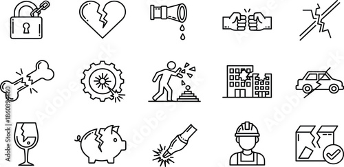 Broken Line Icon Set Featuring Damaged Objects Like Cracked Screens, Fractured Hearts, Shattered Glass, Ruined Buildings, Failed Security, and Broken Bones