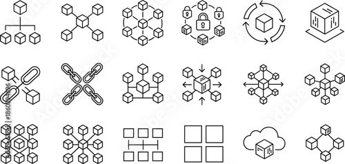 Blockchain Technology Icon Set Featuring Data Network Clusters Decentralized Systems Cloud Computing Cryptography Security Connections Digital Transformation and Information Architecture Symbols