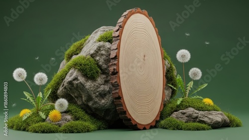 Nature's growth displayed on a mossy log with dandelions