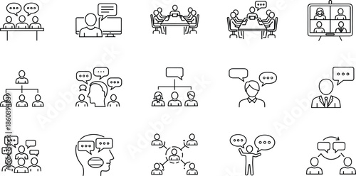 Business Communication Icon Set Featuring Corporate Meetings, Team Collaboration, Remote Video Calls, Professional Leadership Hierarchy, Group Brainstorming, and Strategic Management Symbols
