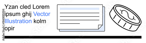 Finance, economy, currency exchange, financial records, wealth management banking operations. A stack of documents and a coin. Finance and economy. Line metaphor. Simple line icons