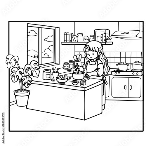 Cozy Girl Cooking in Kitchen Line Art Coloring Page