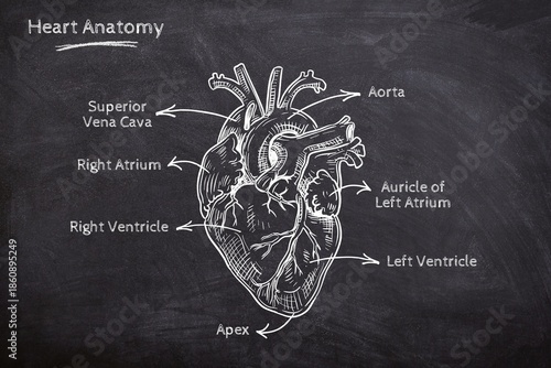 A hand-drawn human heart anatomy diagram on a chalkboard style background, featuring labels like the aorta, ventricles, and vena cava. Perfect for medical education and textbook illustrations.