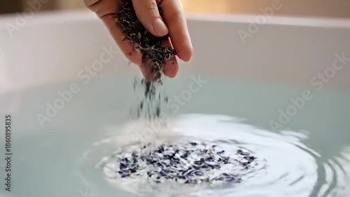 Woman adding lavender to bath.