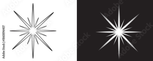 Bild auf Leinwand Sparkling Starburst and North Star Icon Set with Glow Effect on Black and White