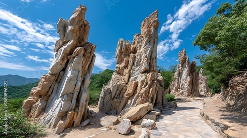 Tall weathered rock formations with a stone path winding through a lush green forest
