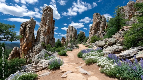 A scenic hiking trail winds through a landscape of towering rock formations and wildflowers under a blue sky with clouds