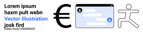 Digital payments, communication, modern business, user interaction, financial technology, electronic economy. Euro symbol, chat window running figure. Digital payments and communication