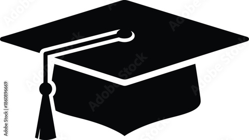Black graduation cap icon illustration vector graphic with tassel representing higher education achievement isolated on white background