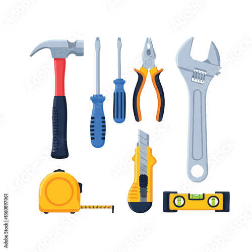 A colorful cartoon illustration of various tools, including a hammer, screwdrivers, pliers, wrench, tape measure, and level, arranged neatly on a clean white background.