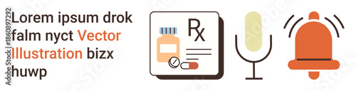 Healthcare, medication management, voice technology, notifications, smart systems, communication. Prescription icon, microphone and bell symbol. Healthcare and medication management concepts