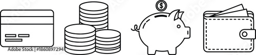 Financial money and payment method vector icon illustration with card coins piggy bank and wallet isolated on white background