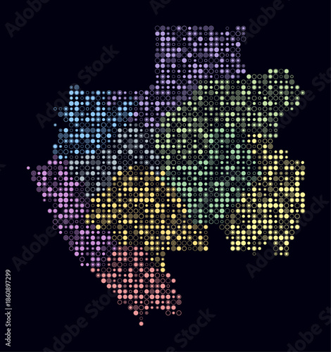 Gabon, shape of the country build of colored cells. Digital style map of the Gabon on dark background. Small size circle blocks. Abstract vector illustration.