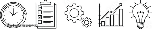 Five outline business icons vector illustration set for productivity and strategy concepts isolated on white background