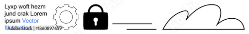 Data protection, cloud storage, cybersecurity, technology, secure access, encryption. Illustration shows a gear, lock and cloud connected by lines. Data protection and cloud storage concepts
