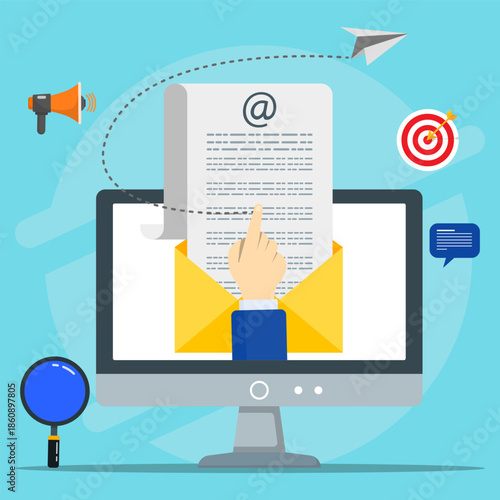 Computer displaying email marketing illustration on a blue background. Suitable for digital marketing campaigns, social media posts, website banners, technology related projects.