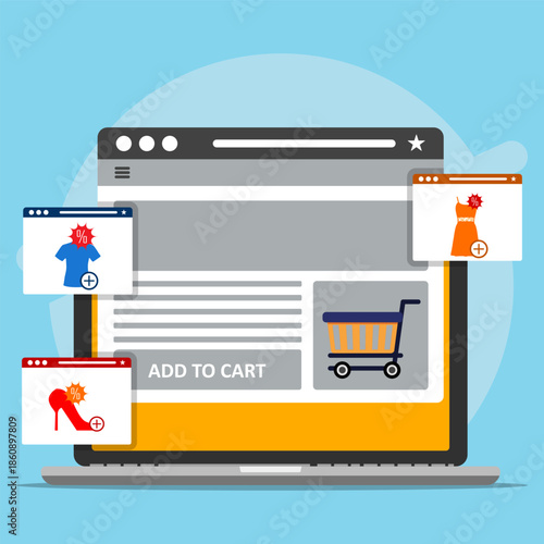 Online shopping interface with products and a cart icon. Ideal for ecommerce websites, online stores, digital marketplaces, and shopping apps.