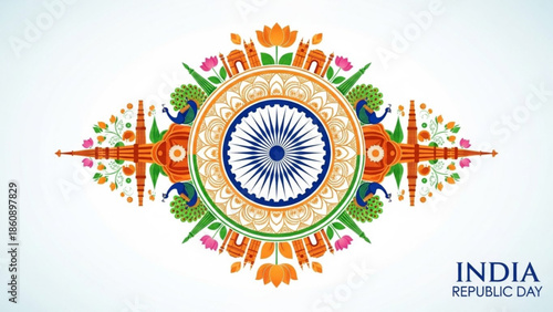 Vibrant india republic day celebration emblem with floral patterns and peacocks on white background