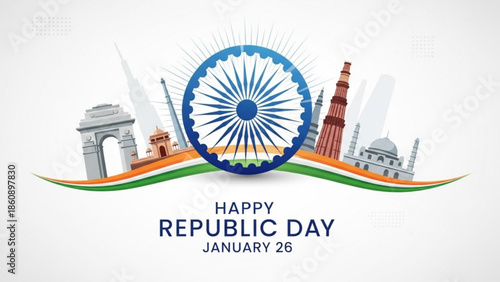 Indian republic day celebration with iconic landmarks and ashoka chakra on white background with tricolor wave