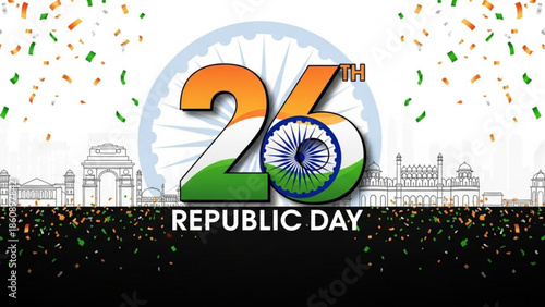 Indian republic day celebration with confetti and iconic landmarks, 26th january, national pride and patriotism