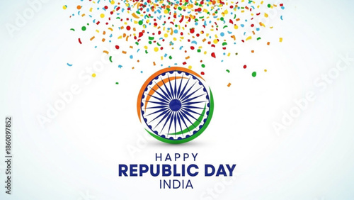 Happy republic day india celebration with colorful confetti and indian flag wheel
