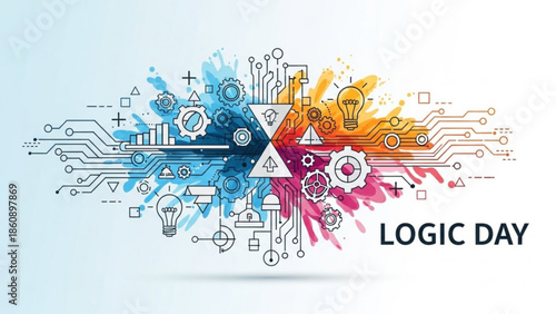 Vibrant circuit board with gears, light bulbs, and symbols in blue, orange, and pink hues on white background, representing innovation and technology on logic day