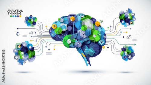 Analytical thinking concept with colorful brain and flowing lines and arrows on white background for business and education