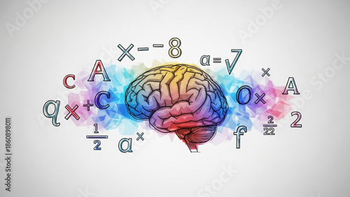 Human brain surrounded by colorful mathematical equations and symbols on white background with watercolor effect