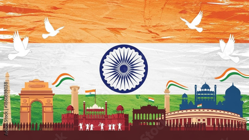 Indian flag with famous landmarks and monuments, india independence day celebration, patriotic background with ashoka chakra
