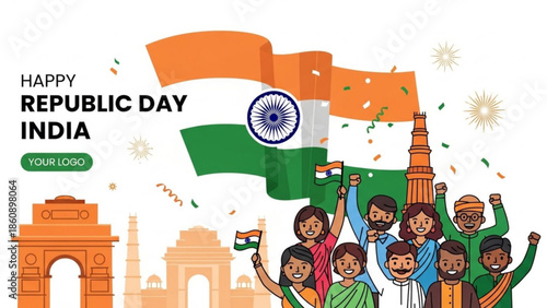 Diverse group of people celebrating republic day india with indian flag and monuments