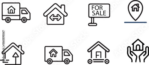 Moving House and Relocation Icon Set. House Transport and Home Delivery Symbols