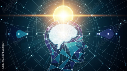Digital illustration of human head with glowing brain and network connections in futuristic style