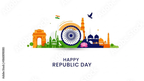 Happy republic day india illustration with ashoka chakra and monuments