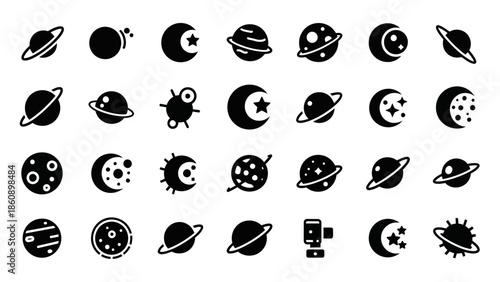 A collection of black and white vector icons depicting various celestial bodies, planets, moons, and space elements.