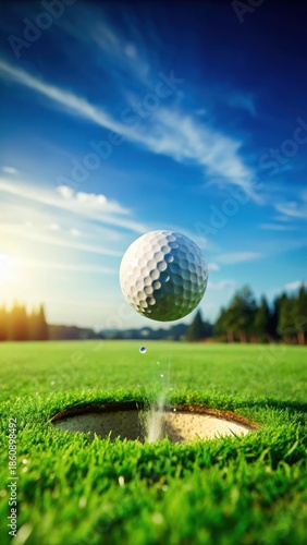 Golf ball bouncing on green grass after being hit by golf club