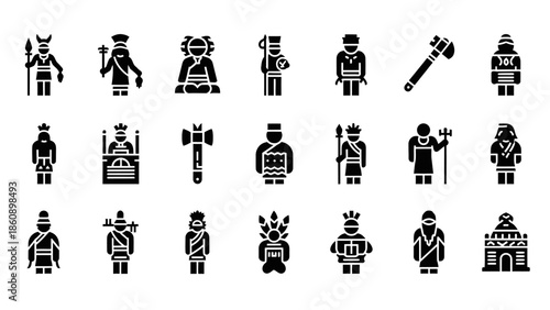 Collection of ancient civilization icons featuring warriors, rulers, and cultural symbols in black silhouette style.