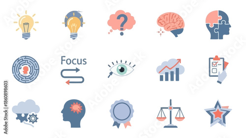 Collection of flat design icons representing various mental processes, business concepts, problem-solving, creativity, focus, and achievement.