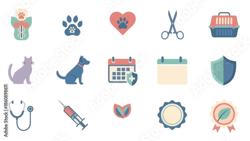 A collection of flat design vector icons representing pet care, veterinary services, and animal health.